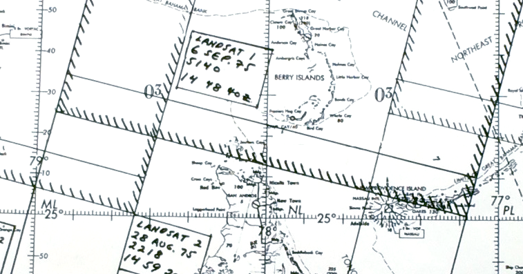 A detail from the planning map used for the 1975 NASA-Cousteau Bathymetry Experiment showing the Berry Islands. The hatched lines show the location of Landsat scene edges. Click on image for full map. Image credit: NASA