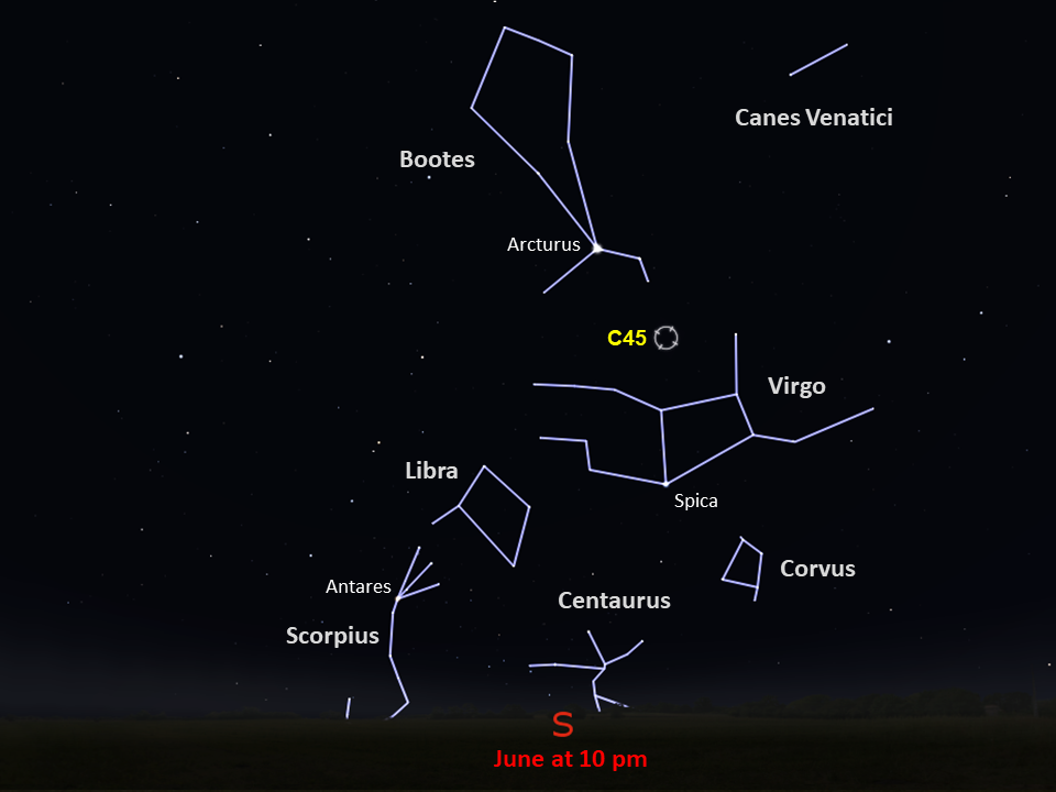 Star chart that shows C45 between the constellations of Bootes and Virgo in the southern night sky in May at 10pm.