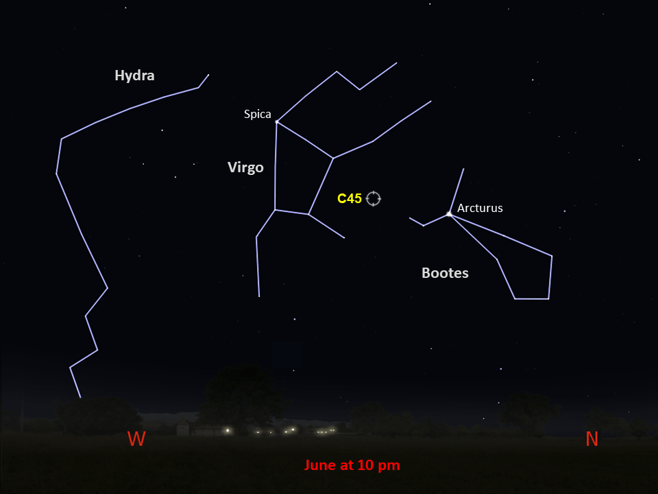 Star chart that shows C45 between the constellations of Bootes and Virgo in the northwestern night sky in June at 10pm.