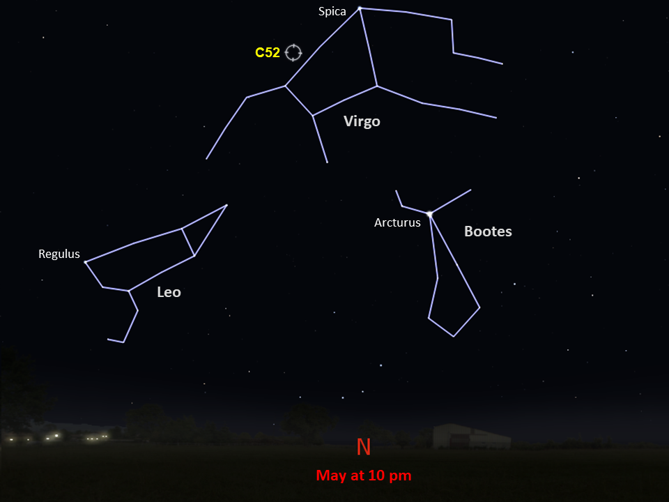 A star chart shows Caldwell 52 as seen from the Southern Hemisphere in the northern night sky in May at 10pm