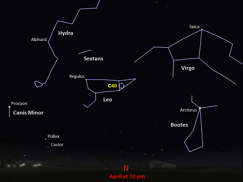 A finder chart for C40 for mid-southern latitudes, in the constellation Leo at 10:00 p.m. in April.