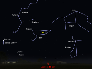 A finder chart for C40 for mid-southern latitudes, in the constellation Leo at 10:00 p.m. in April.