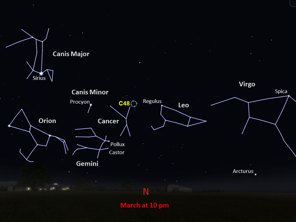 A star chart shows C48 to the upper-right of the constellation Cancer in the southern night sky at 10pm in March.