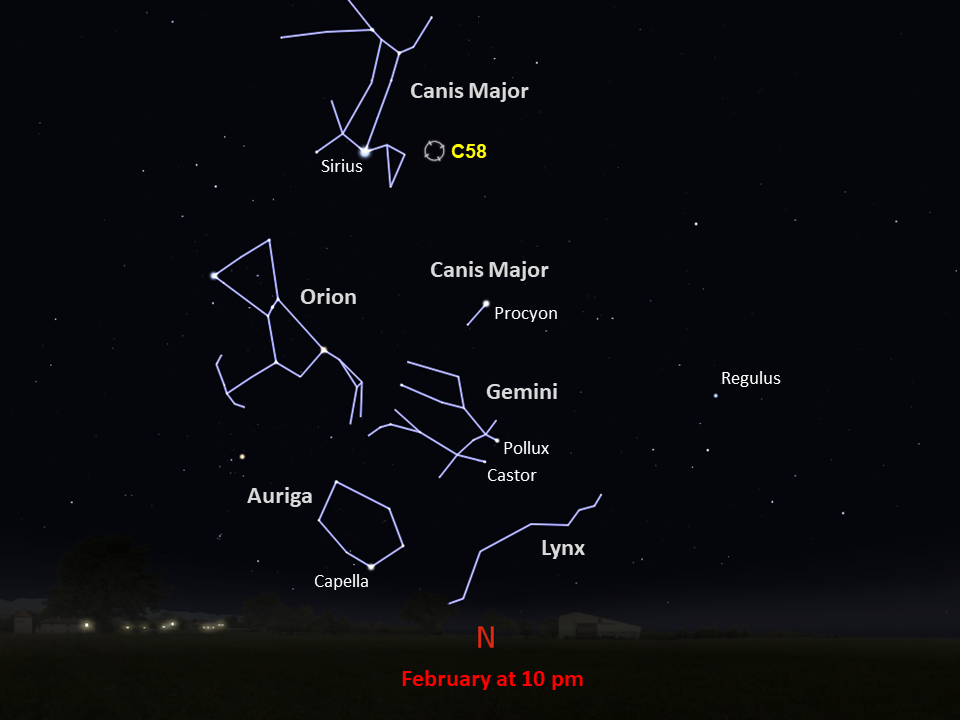 Shows the location of C58 from mid-southern latitudes in the night sky, near the constellation Canis Major at 10pm in February.