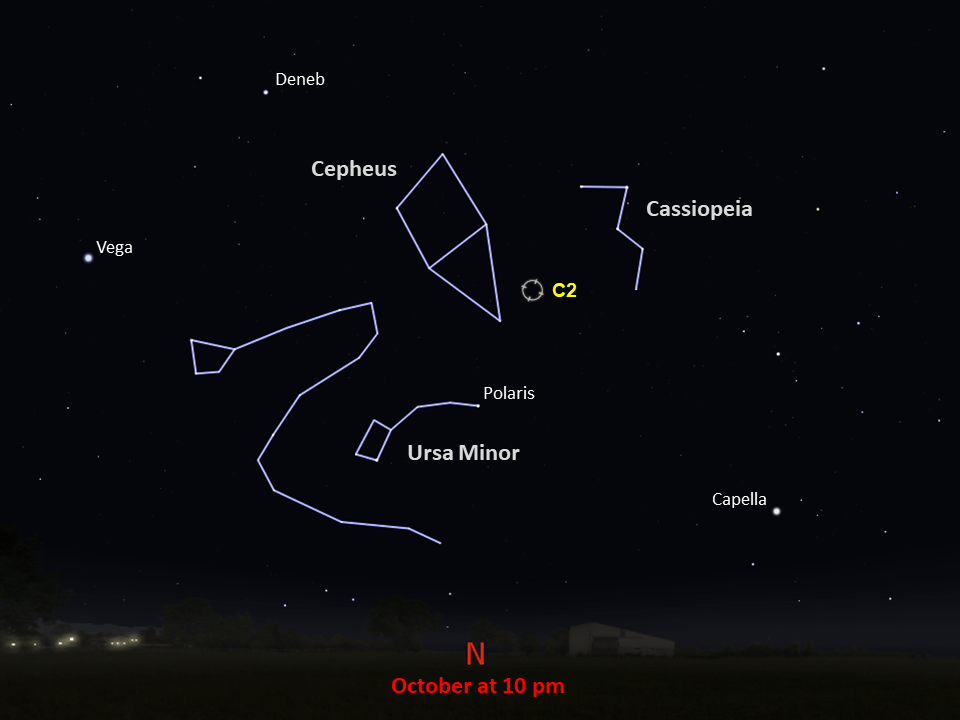 Line drawings of constellations pinpoint the location of Caldwell 2.