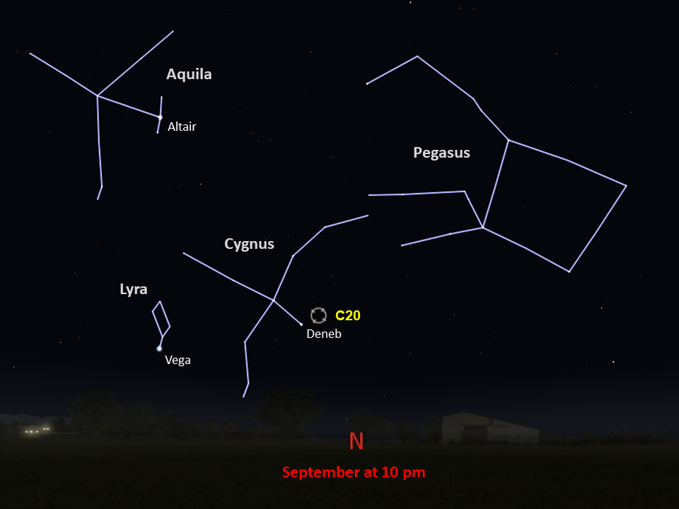 Line drawings of constellations pinpoint the location of Caldwell 20.