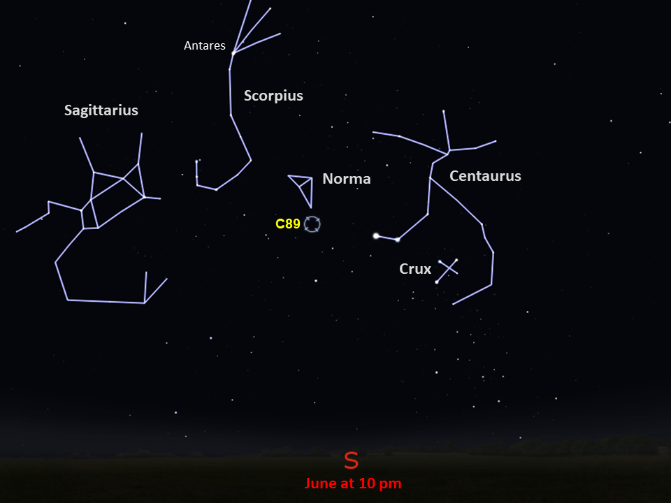 A simple map of the sky shows outlines of constellations, labeled stars, and the location of Caldwell 89