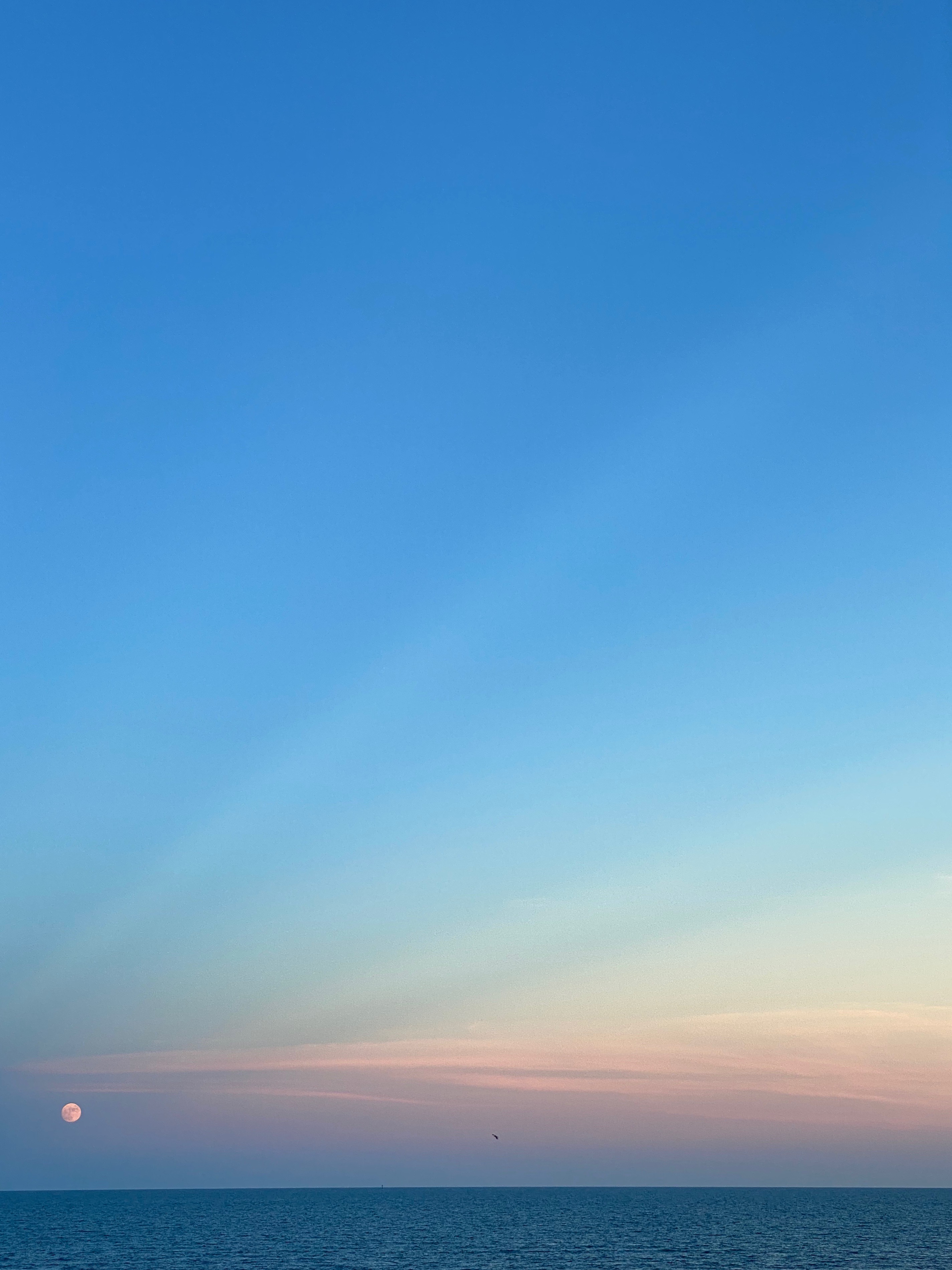 The Moon hangs low over the ocean against a blue and pink sunset sky