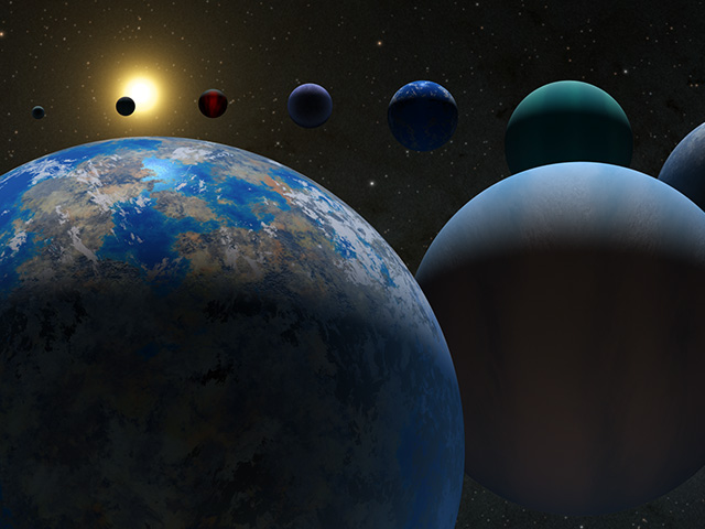 An artist's concept illustration shows a curved line of colorful exoplanets in shadow extending from a bright star in the background.