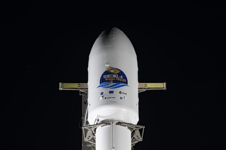 The Sentinel-6 Michael Freilich inside the SpaceX rocket's payload fairing at the launch pad.