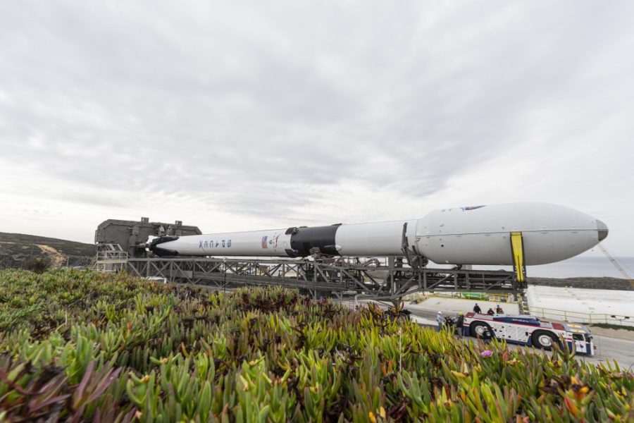 SpaceX Falcon 9 rocket and Sentinel-6 Michael Freilich rolls out to the launch pad.
