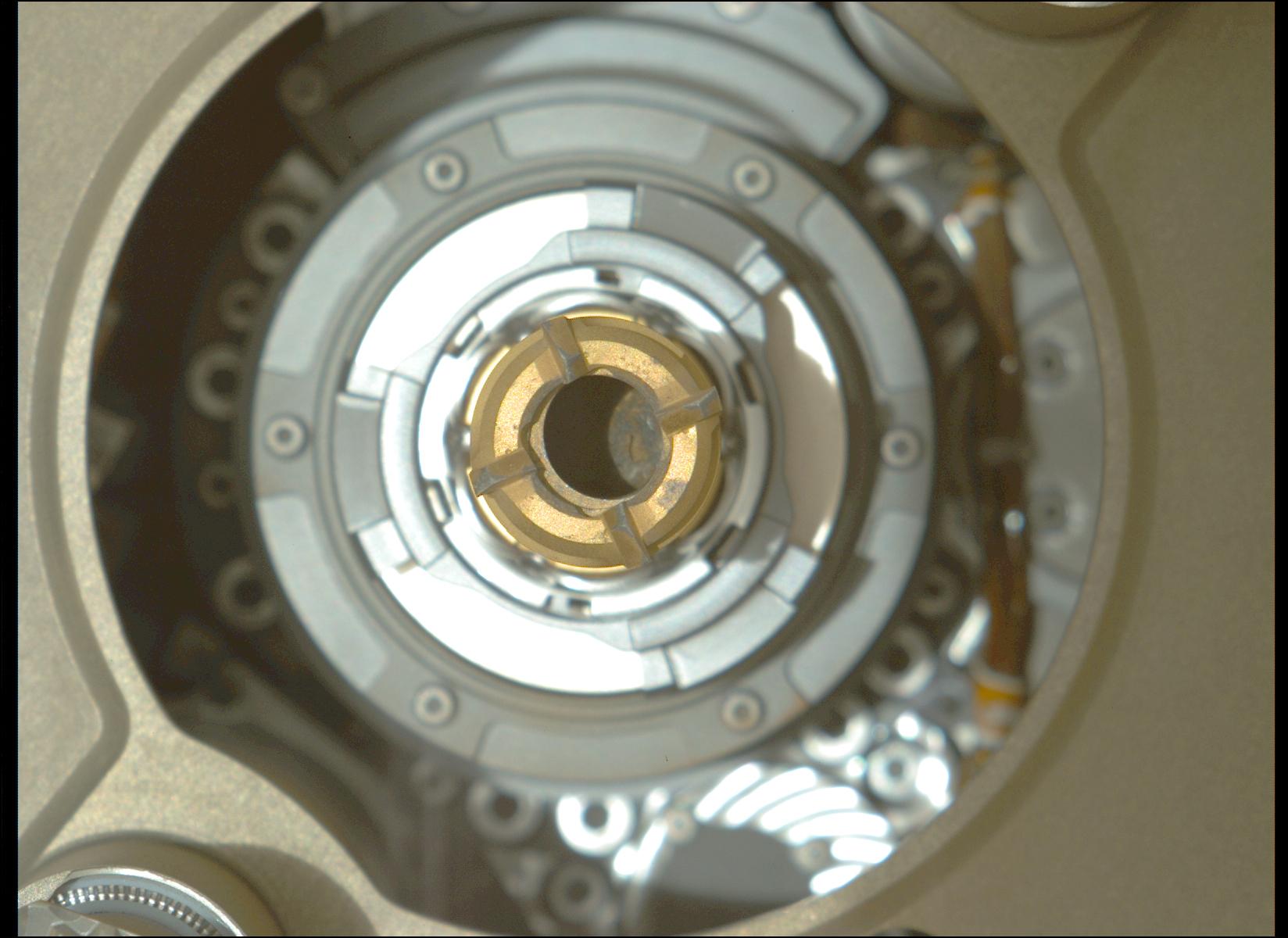 Extreme close up of a rover drill bit with a small amount of rock collected in an opening at the end (the sample tube).