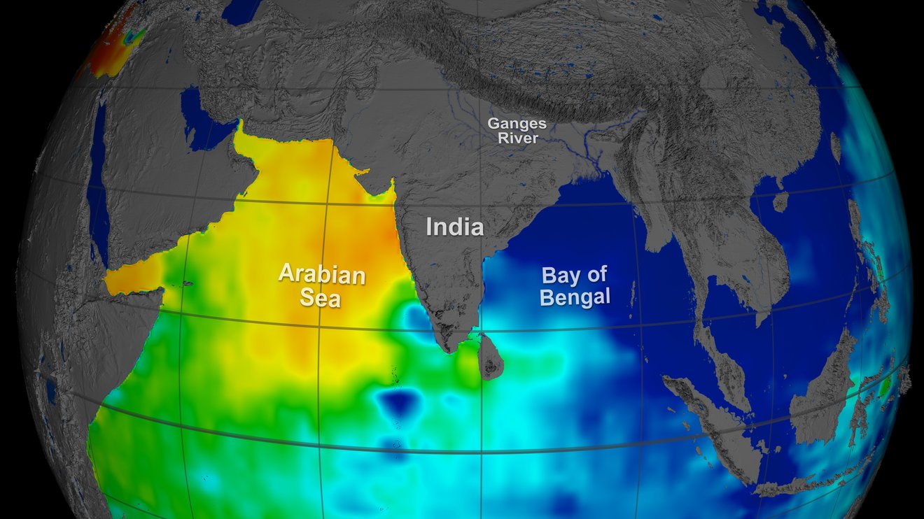 Using NASA satellite data, this map shows how monsoon rains and freshwater flowing into the Bay of Bengal keep it far less salty than the Arabian Sea to the west. (Areas of low and high salinity are shown in blue and yellow, respectively.)