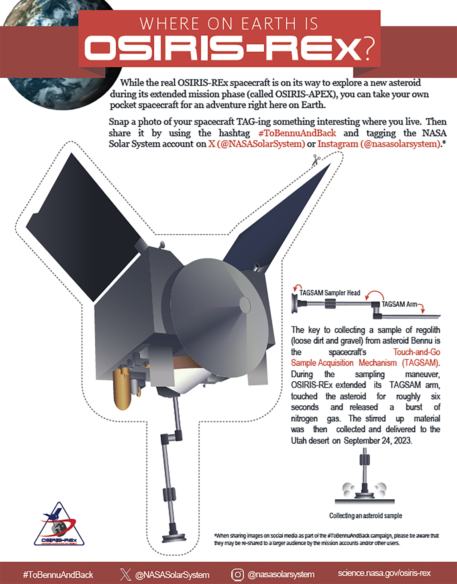 Screenshot of the front page of the OSIRIS-REx pocket spacecraft activity. A spacecraft is shown with its touch-and-go arm extended.