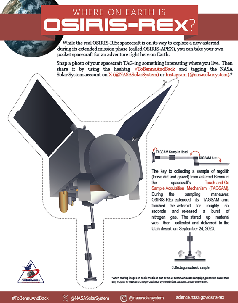 Screenshot of the front page of the OSIRIS-REx pocket spacecraft activity. A spacecraft is shown with its touch-and-go arm extended.