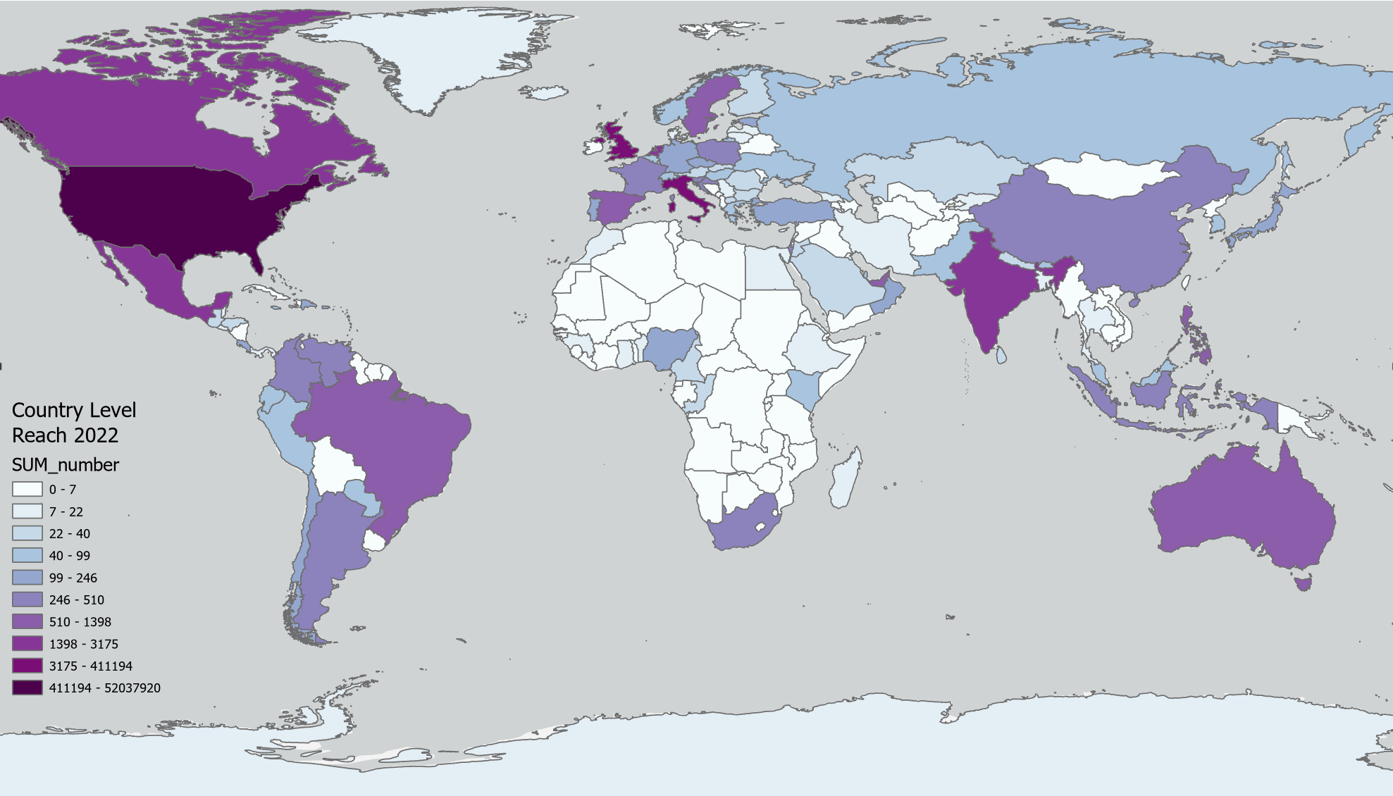Color coded world map showing the country level reach of Science Activation in 2022