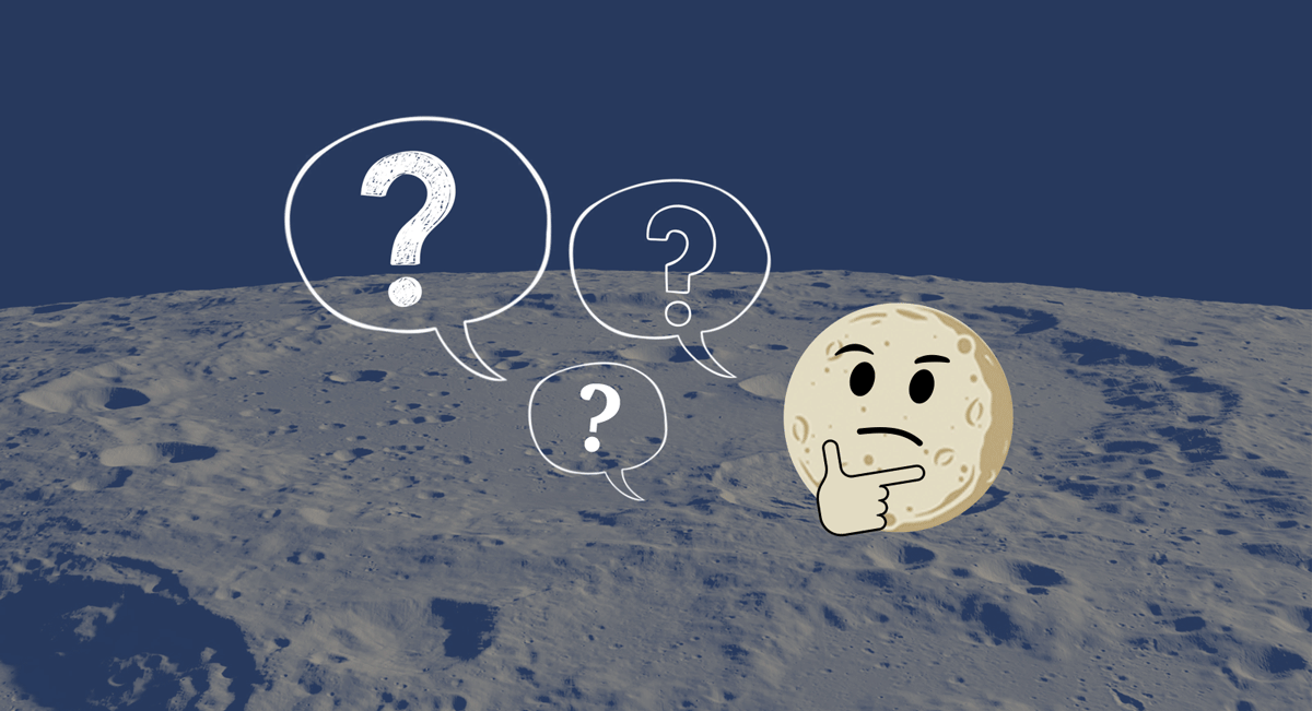 Illustration composite of thinking emoji, animated question marks, with the Moon's surface in the background.