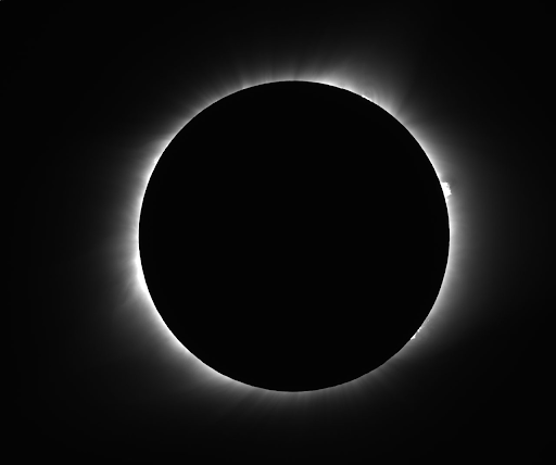 The eclipsed Sun, which appears as a pitch black circle in this image, showing prominences (the bright white light shining around the edges of the darkened sun) on Aug 21, 2017. Image credit: NASA Citizen Scientist, Mike Conley.