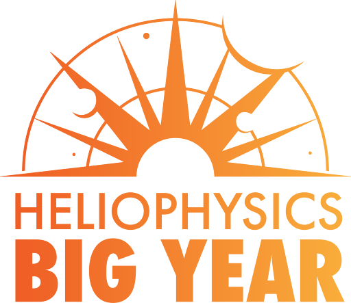 Heliophysics Big Year logo, featuring artistic graphics showing the Sun and various planetary bodies in orbit around it.