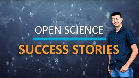 PhD candidate Henry Cope stands beside text that says "Open Science success stories."