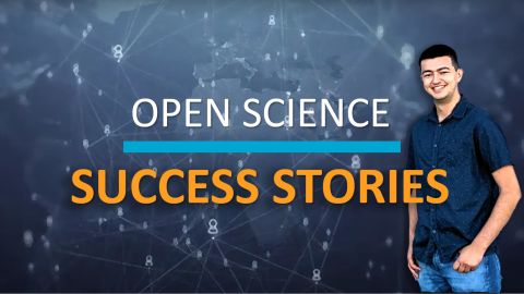 open source research studies PhD candidate Henry Cope stands beside text that says "Open Science success stories."