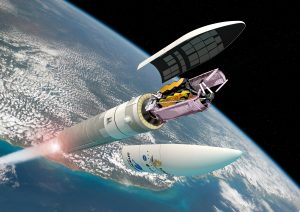 Artist's impression of the James Webb Space Telescope, folded in the Ariane 5 rocket during launch.