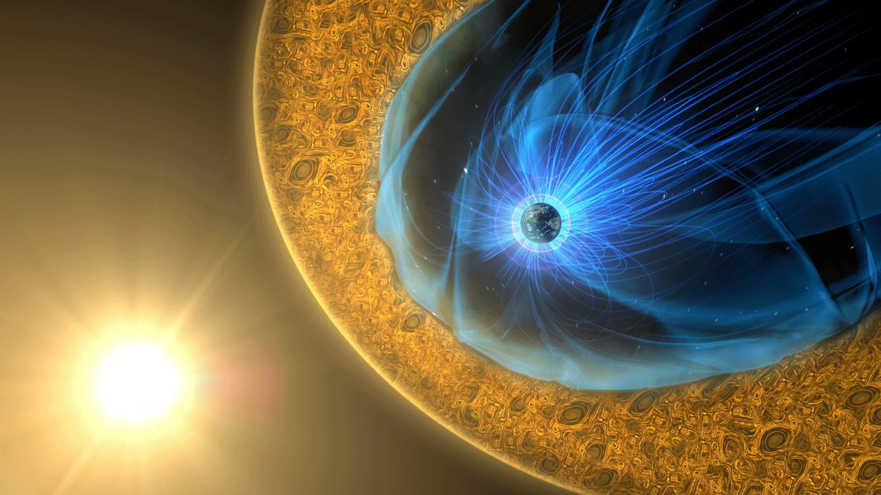 Animated visualization of Earth's magnetosheath—the region between the bow shock and magnetopause—showing the flow of solar wind plasma. The animation illustrates turbulent, compressed magnetic field lines and energetic particle motion as the solar wind slows and deflects around Earth's magnetic shield. The bow shock appears as a curved boundary ahead of Earth, with the magnetopause forming the inner edge of the magnetosheath.