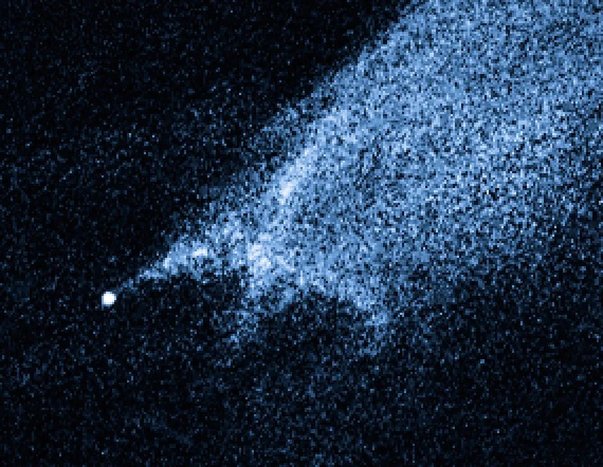 Light blue, fuzzy, X-shape at center left. The X has a tail of light blue material that trails off to the upper right. All on a black background.
