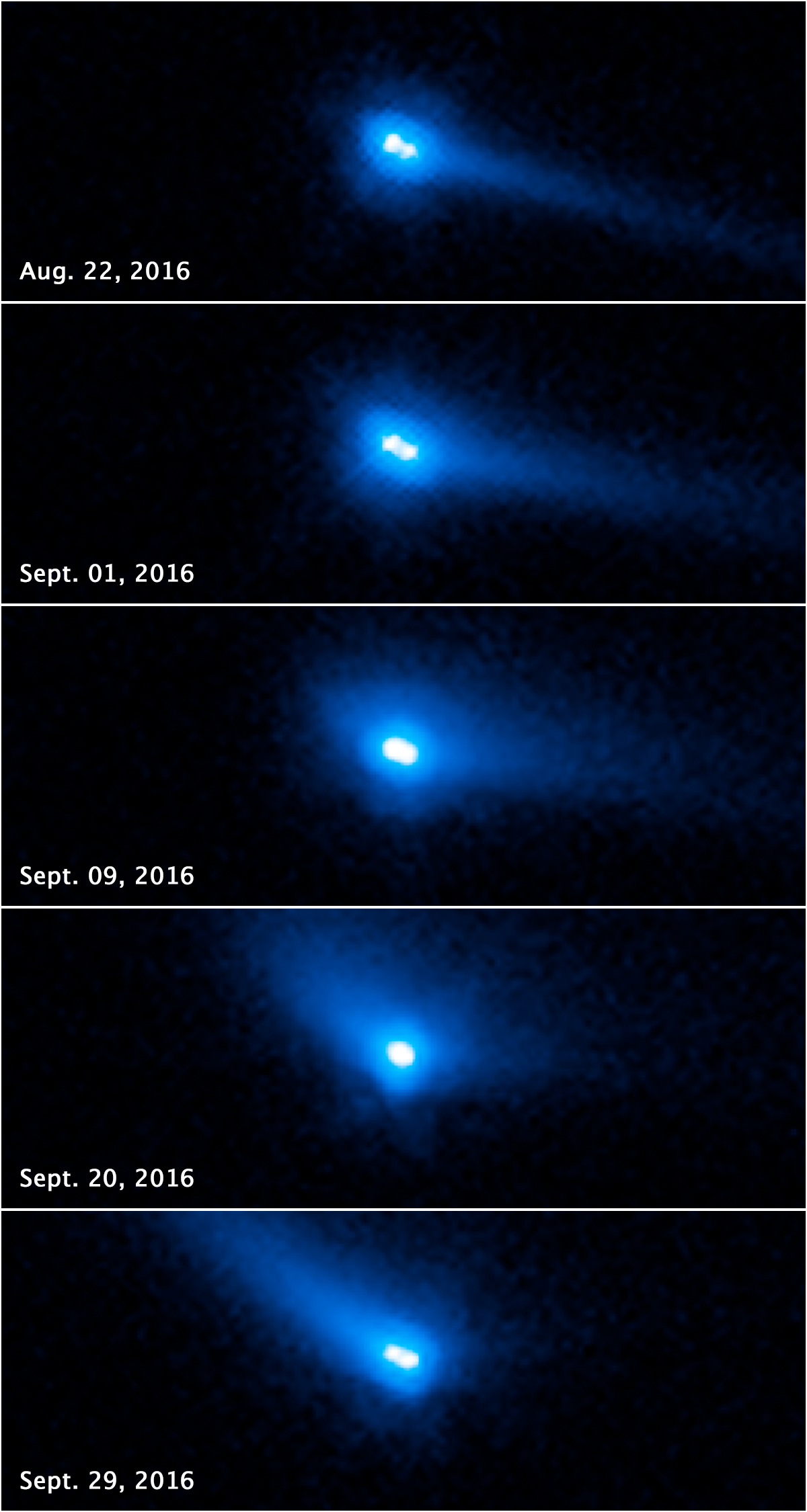 Five, rectangular images stacked on top of each other. Each image holds two bright-white points surrounded by blue gas with a blue tail.