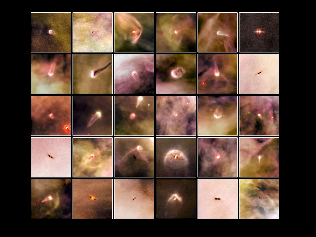 Thirty proplyds in a 6 by 5 grid. Each one is unique. Some look like tadpoles, others like bright points in a cloudy disk.