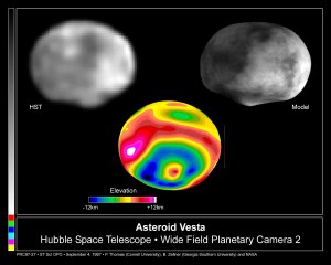Upper left: a mottled grey and white spheroid. Center: Vesta's crater is revealed in colors of red, yellow, green, blue, and white. Right: a mottled spheroid, darker than the one at left, in grey, white, and black.