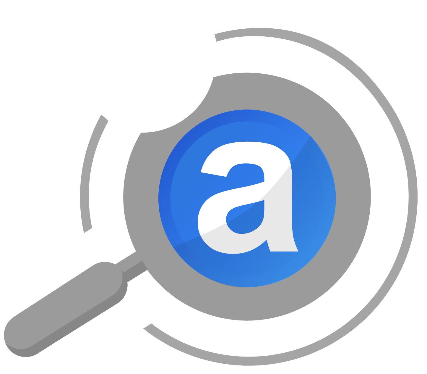 Graphic logo of lowercase letter a inside a stylized magnifying glass