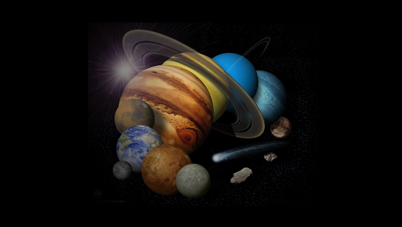 Artistic collage of solar system planets and asteroids