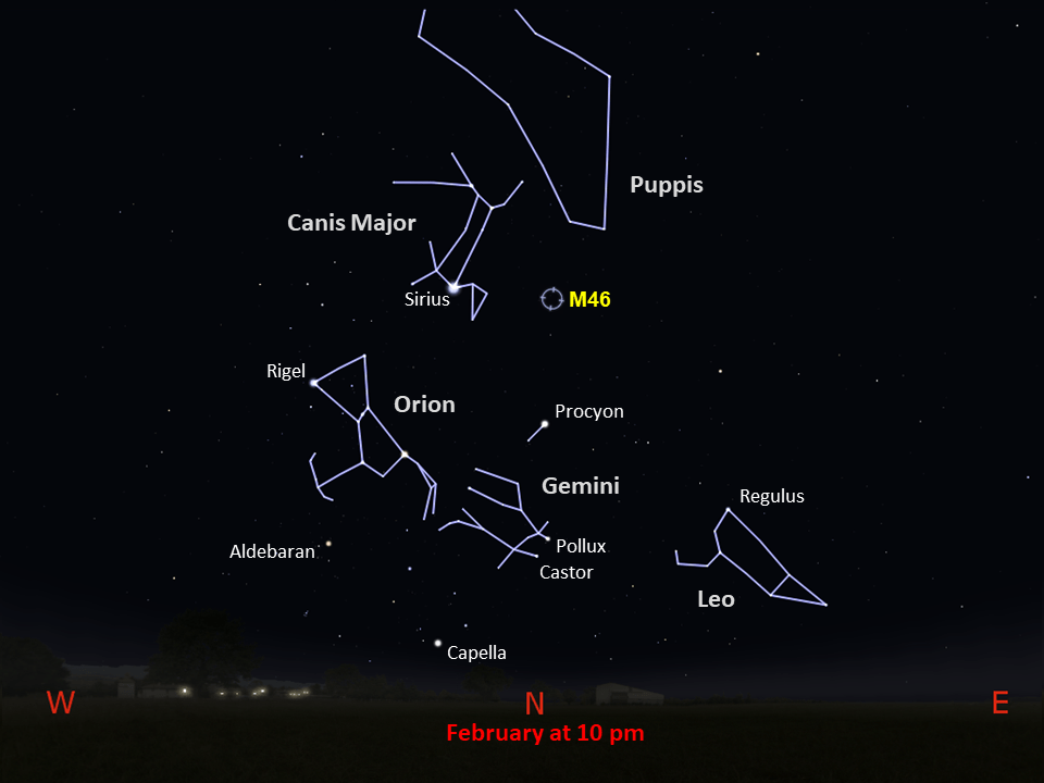 Shows the location of M46 from mid-southern latitudes in the night sky, near the constellation Canis Major at 10pm in February.