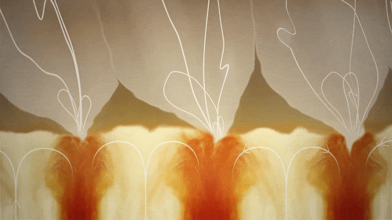 An artist’s concept of switchbacks emerging from between supergranules on the Sun. A closeup of the solar surface showing yellow funnels emerging from between darker orange parts of the solar surface representing supergranules. White squiggling lines stream out from the funnels, generating switchbacks in the solar wind. 