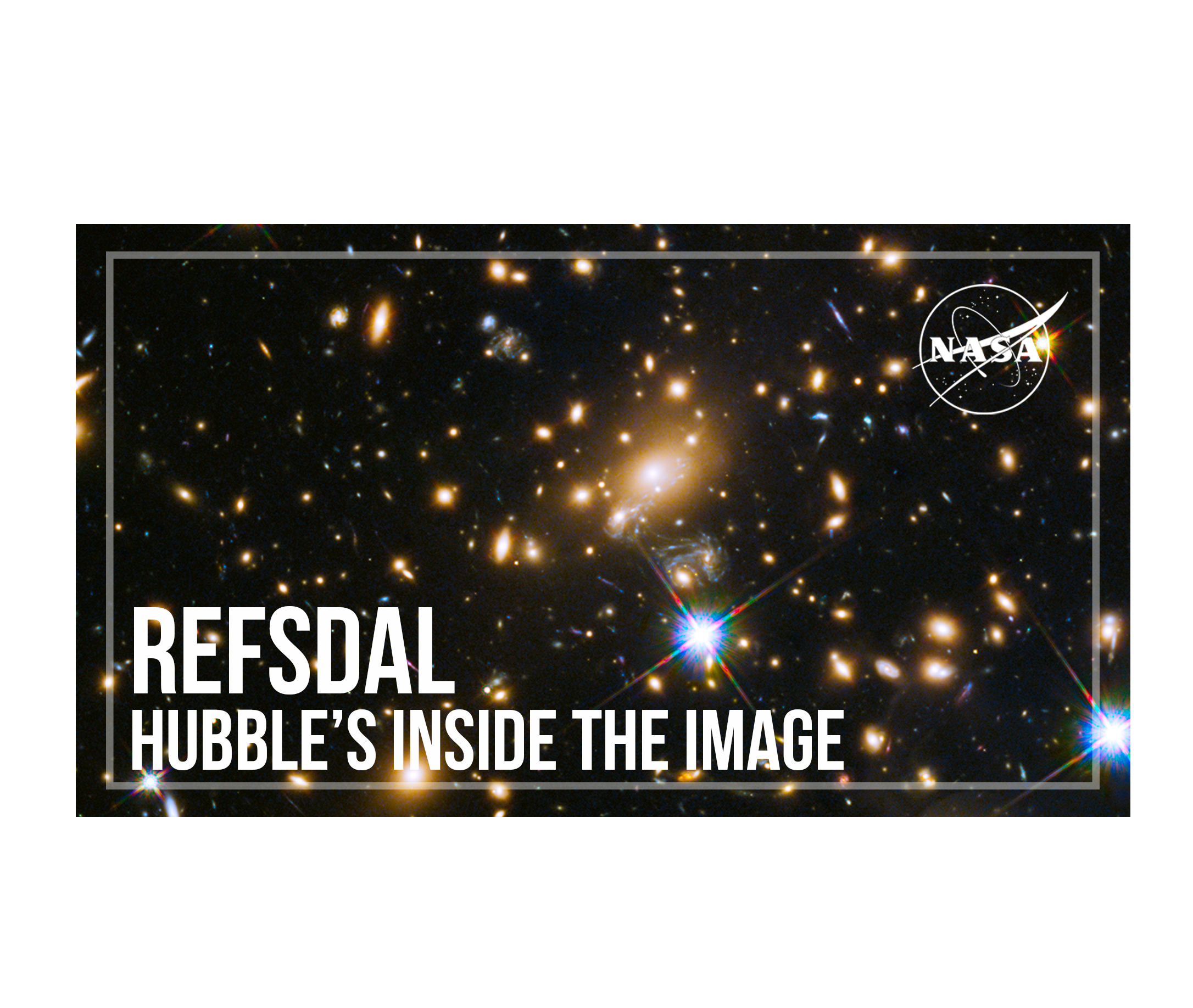 Background image: a field of galaxies against a black background. Text in white: Refsdal: Hubble's Inside the Image