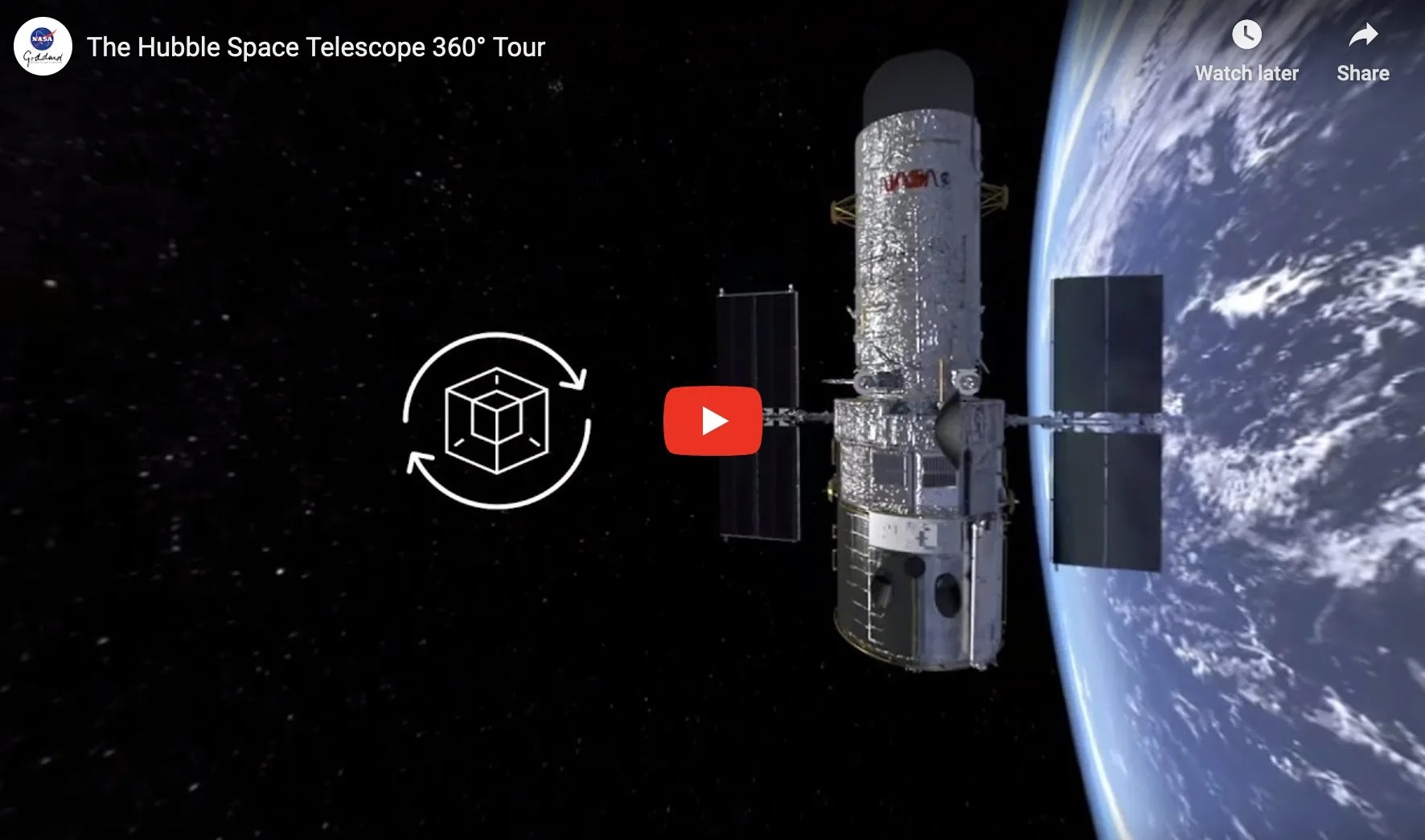 A Youtube 360 degree video with the opening screen for the Hubble Space Telescope tour.