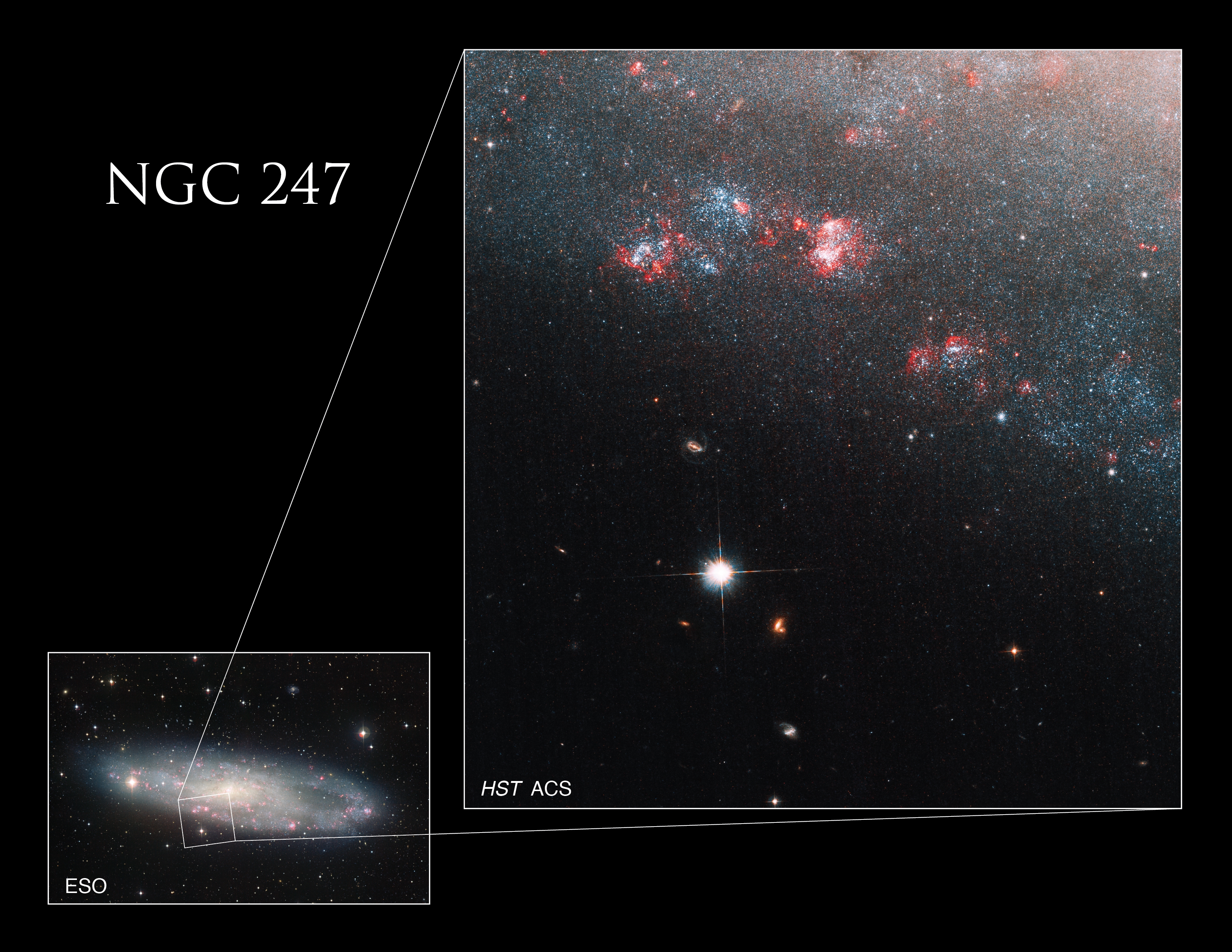Right half of image: A haze of stars fills the top and upper right corner of NGC 247/Caldwell 62. The area is dotted with bright pinkish-red and blue gas clouds. The lower-left half of the image is black and dotted with one very bright star and a few dimmer ones. Small box at lower-left: a spiral galaxy tilted slightly toward us.