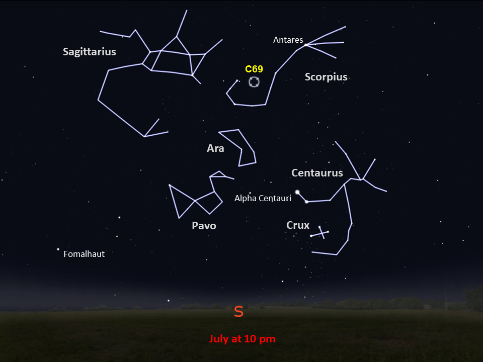 A star chart shows C69 in the upper portion of the constellation Scorpius, in the southern night sky in July at 10pm.