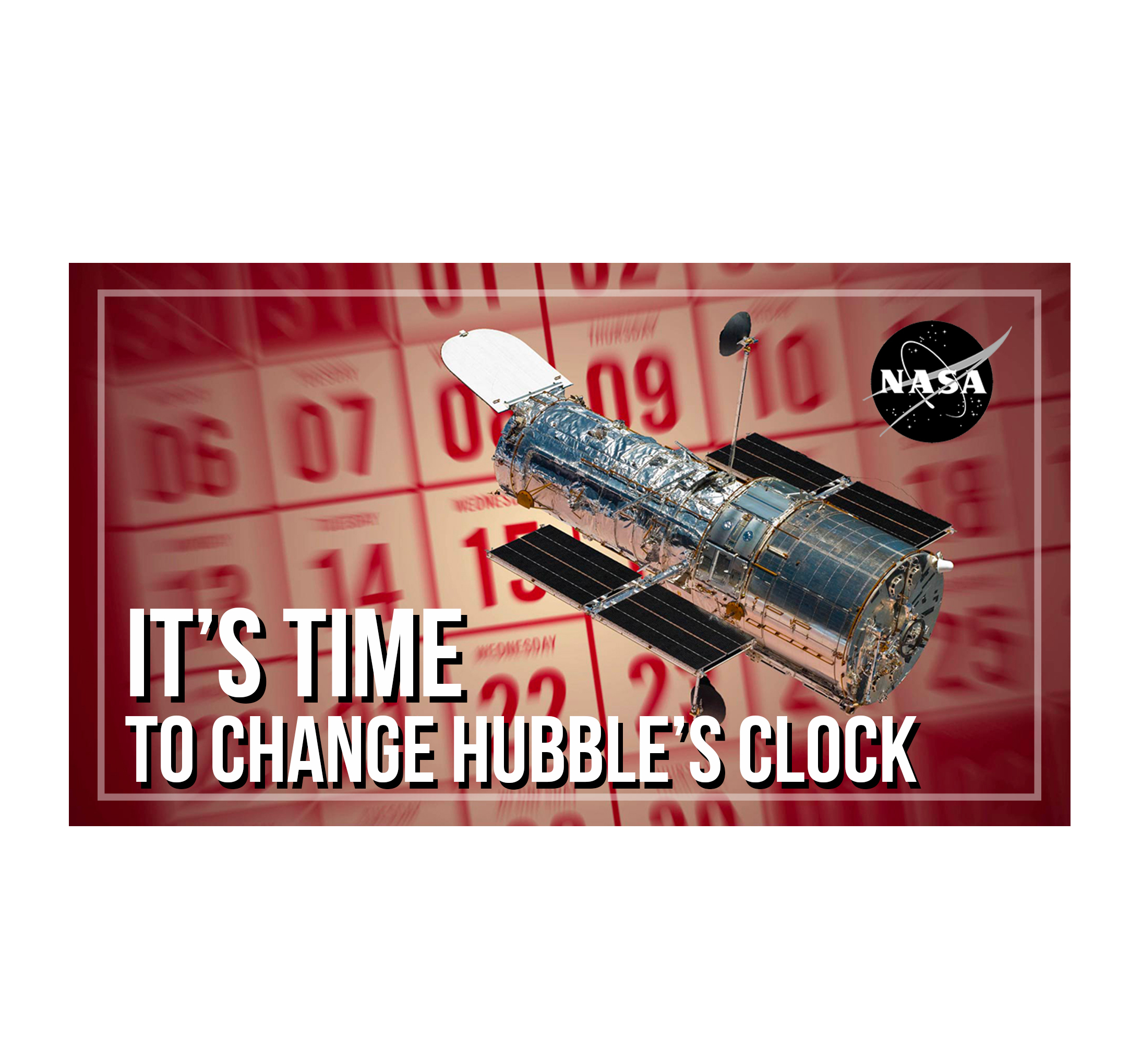 Video thumbnail for a video about Hubble's clock rollover. Background holds a calendar with red numbers. The foreground holds an image of the Hubble Space Telescope. Title reads: It's Time to Change Hubble's Clock