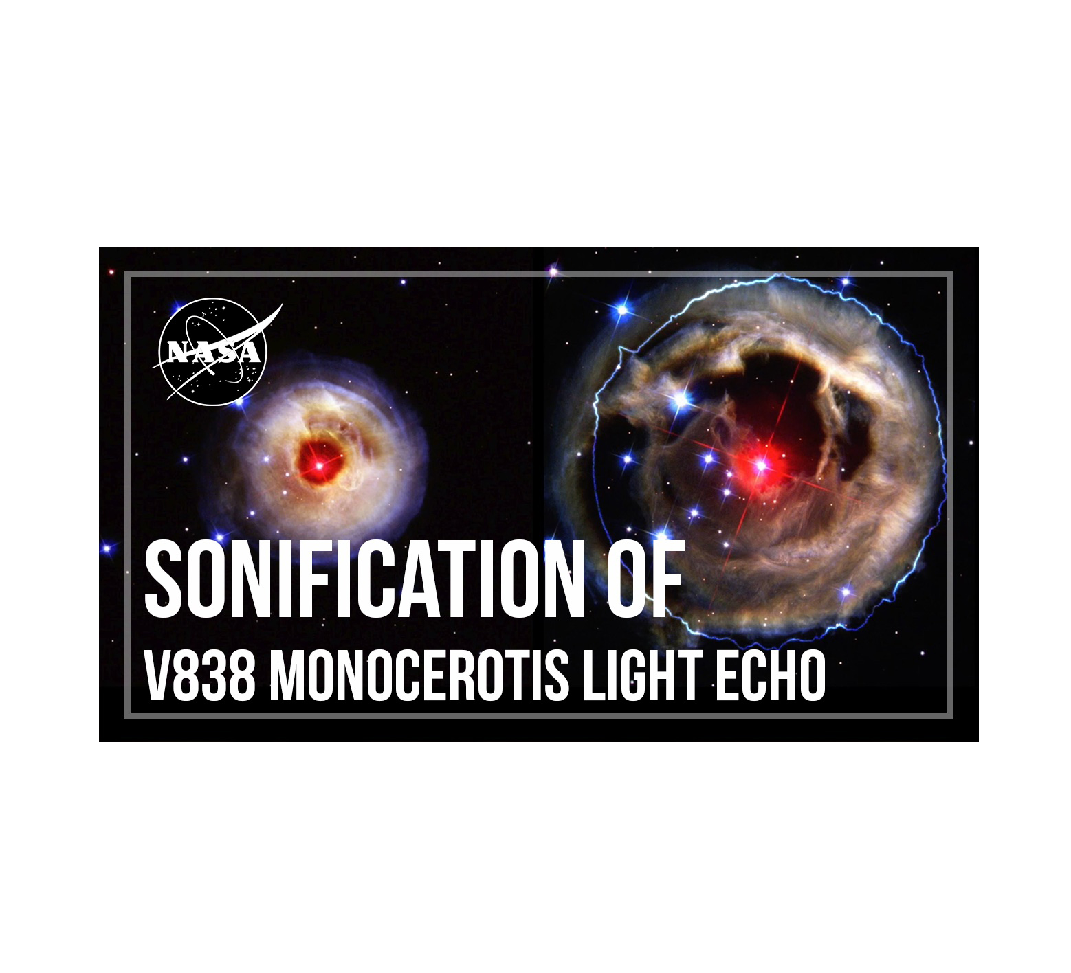 Two images of V838 Monocerotis. The left image of this light echo appears as a ball of gas and dust with a bright star at its center. In the right image the ball of gas appears expanded and more diffuse.