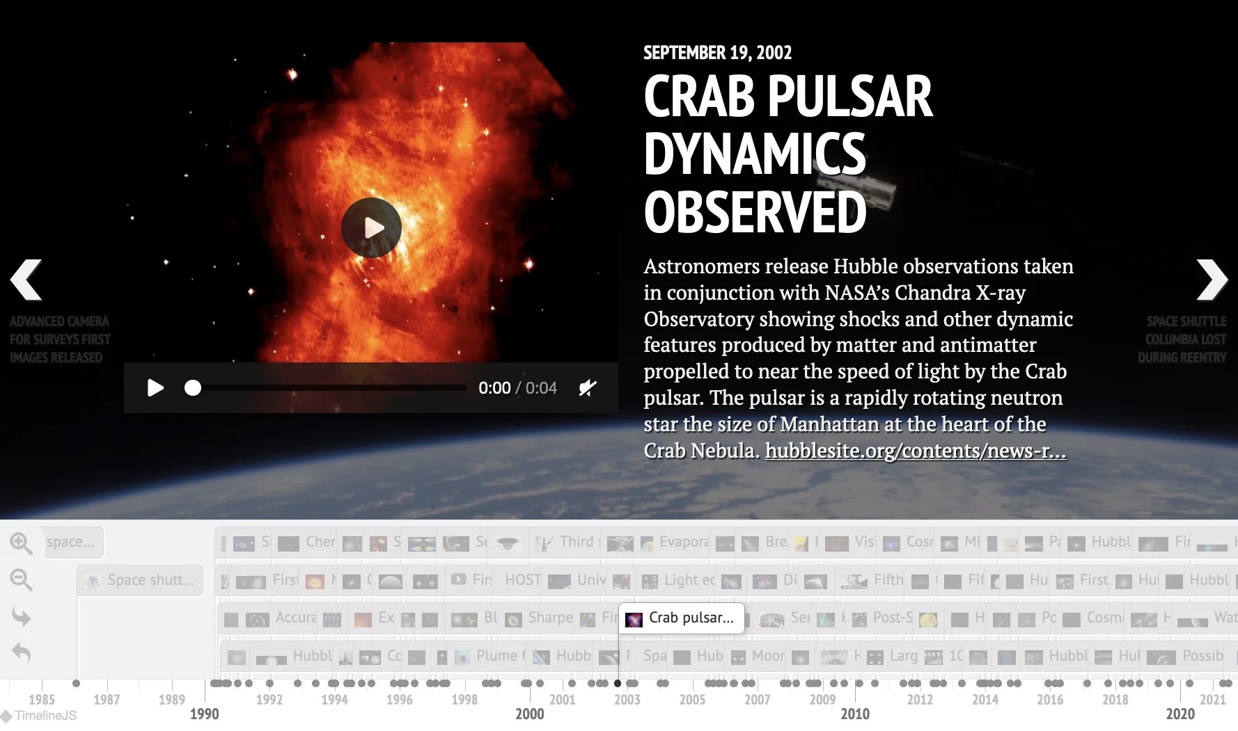 This image shows a screenshot of the Hubble History Timeline, displaying an image of the Crab Nebula's pulsar alongside descriptive text.