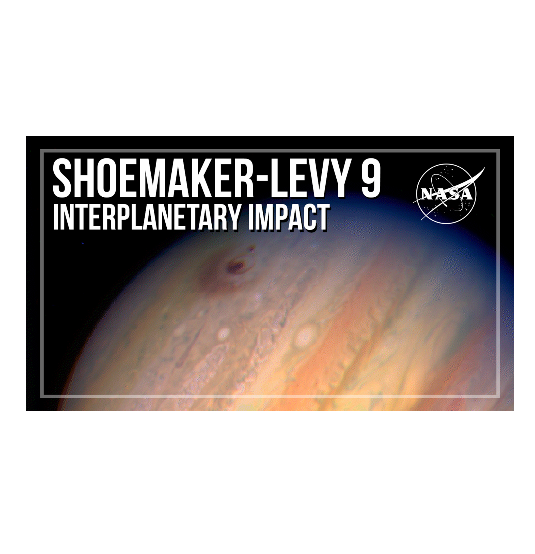 Titles in white: Shoemaker-Levy 9: Interplanetary Impact" and the NASA Meatball logo at the top of the image. The image is of Jupiter and one of comet Shoemaker-Levy 9's impact sites on the planet. We see half of Jupiter its cloud bands extending from the lower left to the upper right. The impact site looks like a dark-maroon bull's eye.