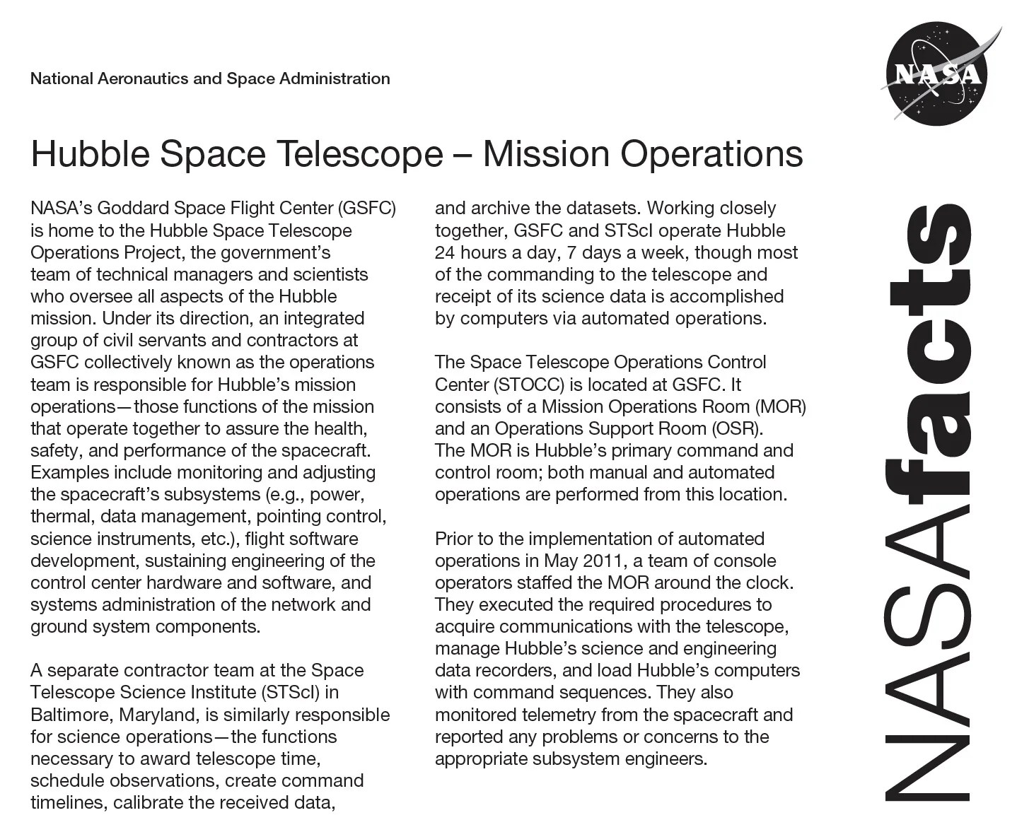 Screenshot of .pdf of "NASAFACTS" document, titled "Hubble Space Telescope - Mission Operations" The document has lots of text going over the mission, this is a thumbnail, when clicking it the .pdf will open.
