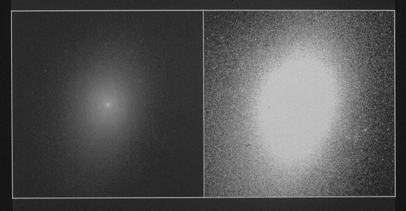 A black and white image with two sections. The left shows a white dot surrounded by an dimmer oval haze of light. The right shows a bright hazy white oval of light, brighter and more solid in the middle and becoming fuzzy as it progresses outward.