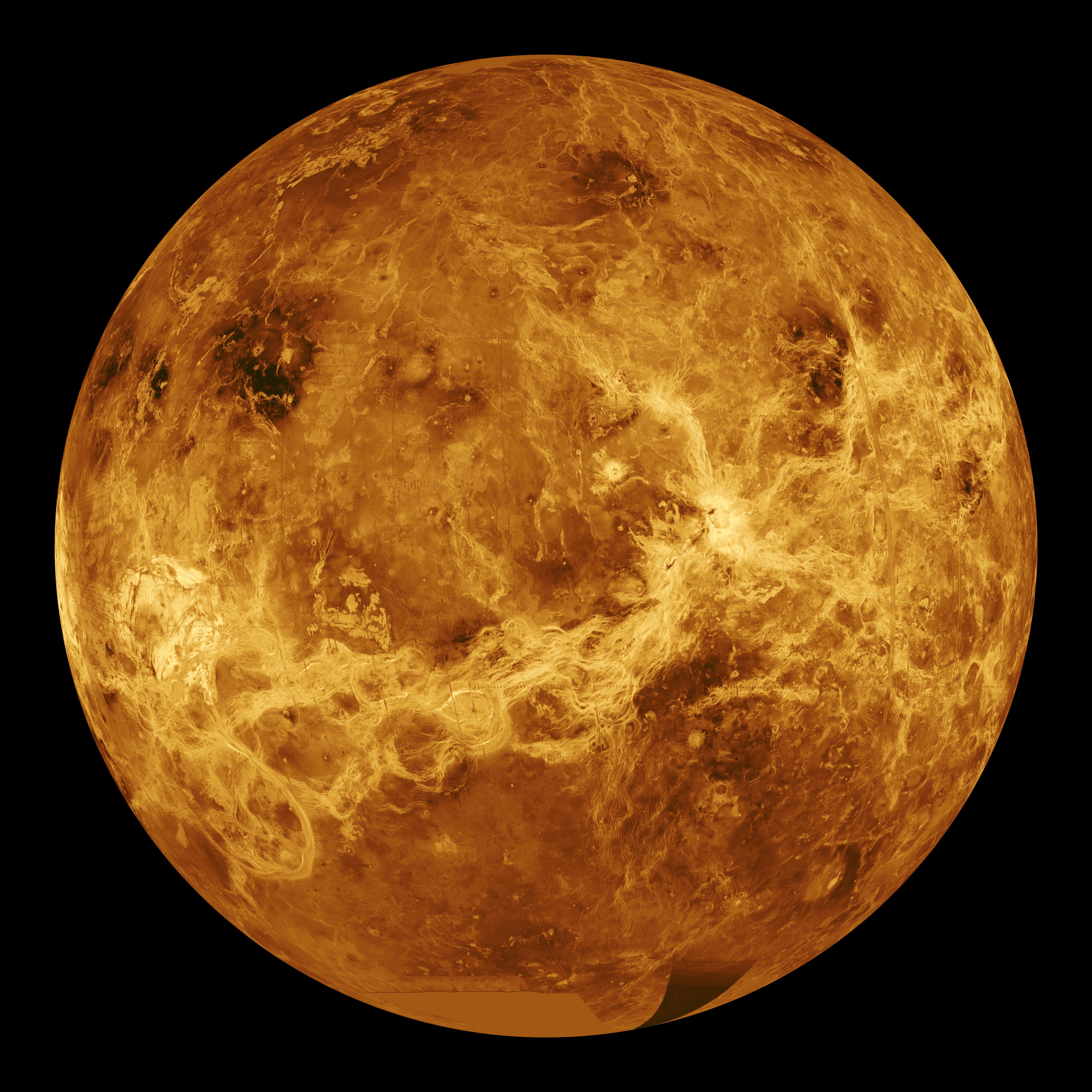 Venus appears orange, yellow, and brown in this simulated view.