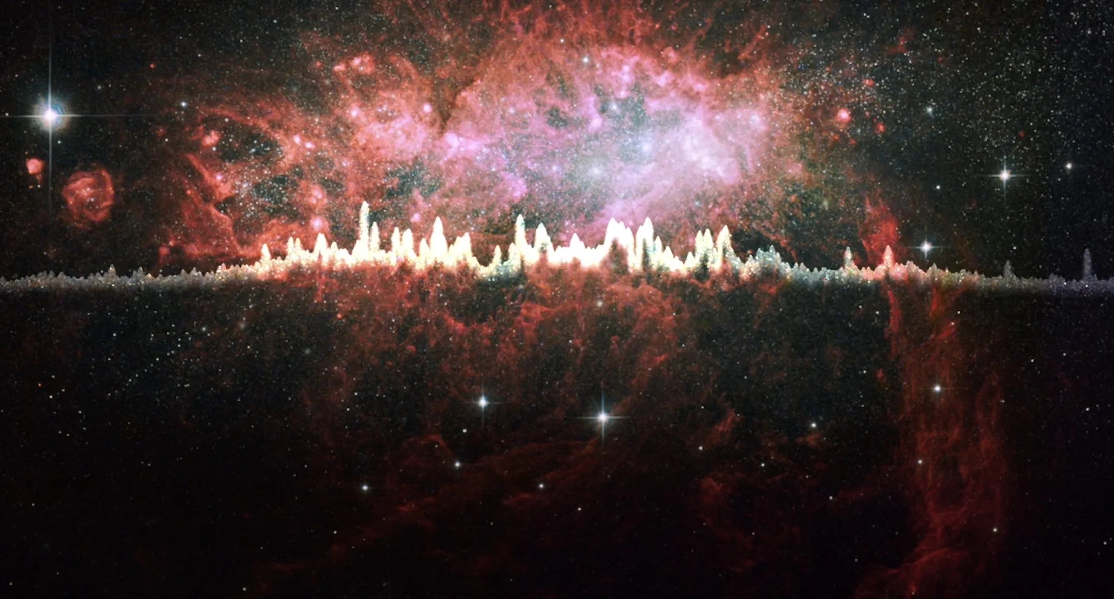 A bright red galaxy shines near the top of the image, with a line horizontally stretching and jutting across the image to signify a sonification being played.