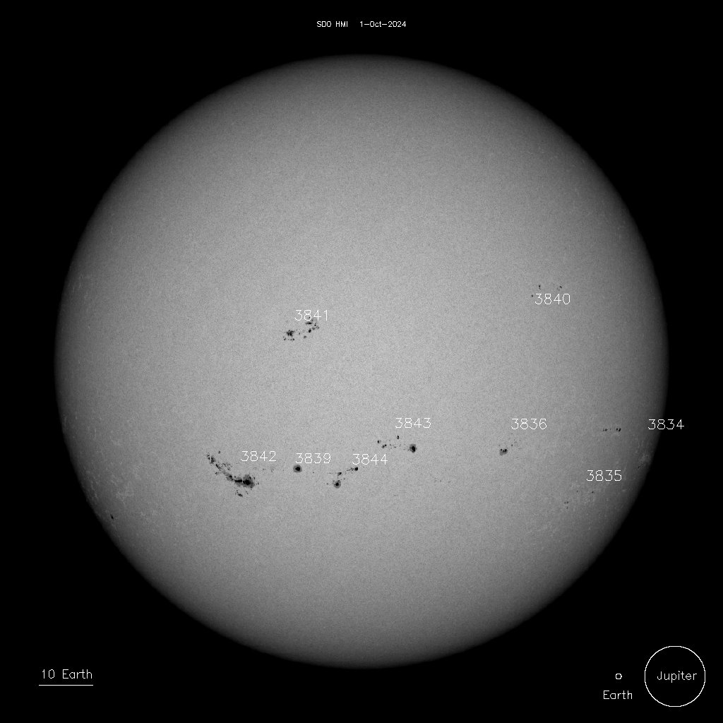 The Sun, shown in gray. The Sun appears bare and smooth. A few small, dark spots are seen toward the middle of the star, with a few others toward either side. They are labeled with numbers.