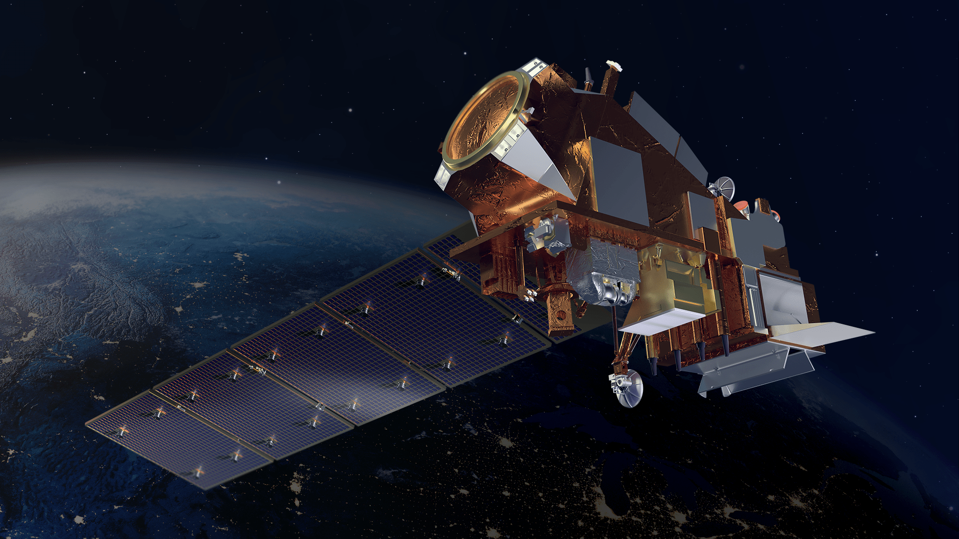 Artist illustration of a gold-colored satellite against a dark atmosphere