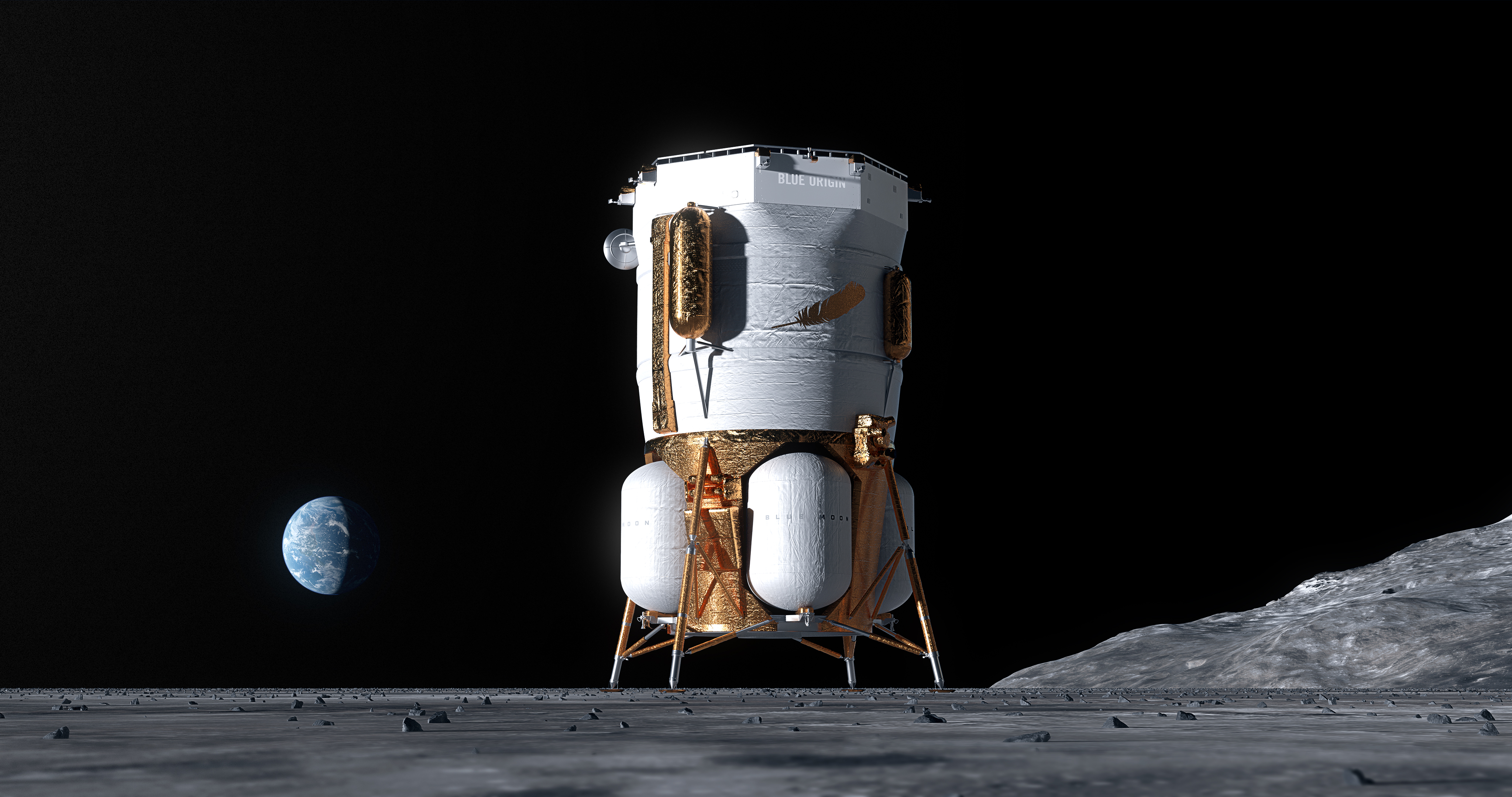 A rendering of the Blue Origin Mark 1 lander on the surface of the Moon with the Earth in the background. The lander is large, mounted on four legs with a solar panel on top.